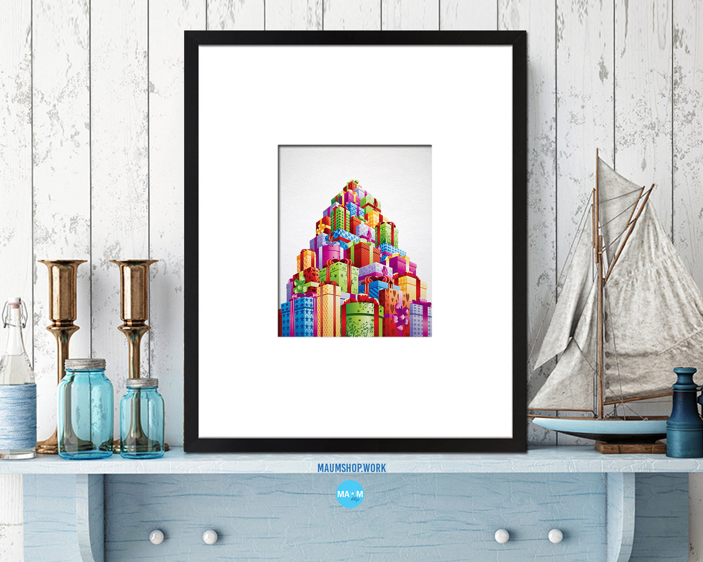 Christmas Gift Boxes Holiday Season Gifts Wood Framed Print Home Decor Wall Art
