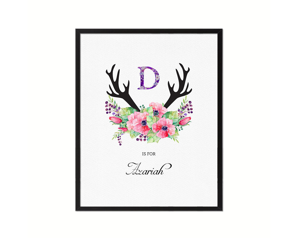 Initial Letter D Watercolor Floral Boho Monogram Art Framed Print Baby Girl Room Wall Decor Gifts