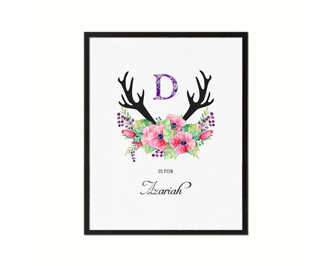 Initial Letter D Watercolor Floral Boho Monogram Art Framed Print Baby Girl Room Wall Decor Gifts