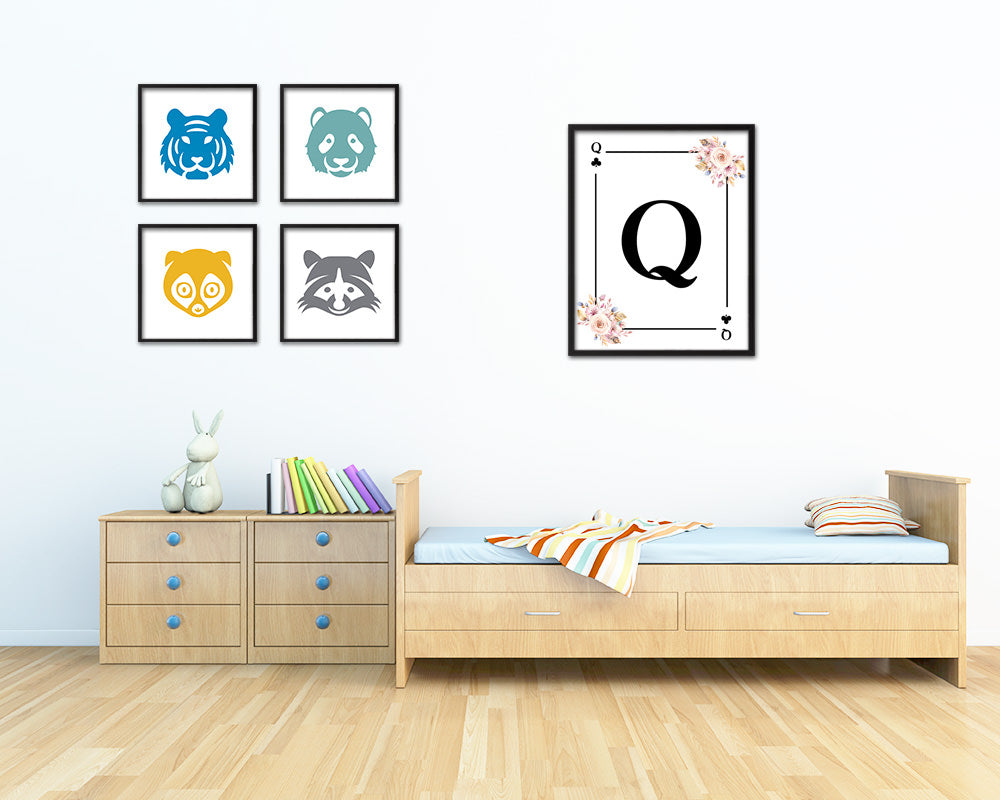 Letter Q Personalized Boho Monogram Clover Card Decks Framed Print Wall Art Decor Gifts