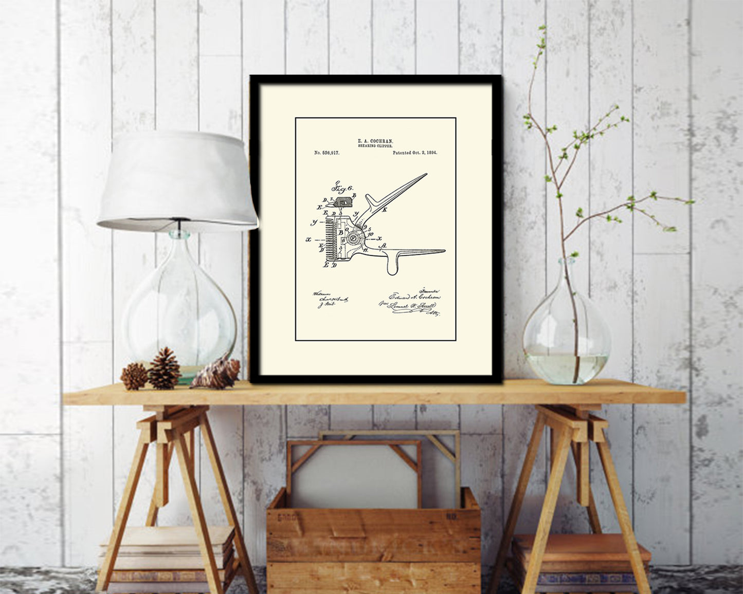 Shearing Clipper Barbershop Vintage Patent Artwork Black Frame Print Wall Art Decor Gifts