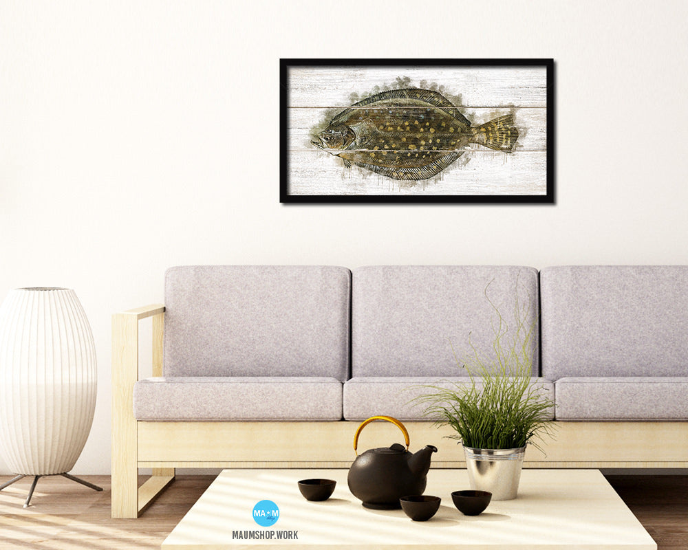 Flounder Fish Art Wood Framed White Wash Restaurant Sushi Wall Decor Gifts, 10" x 20"