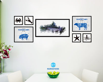 King Salmon Fish Art Wood Frame Modern Restaurant Sushi Wall Decor Gifts, 10" x 20"