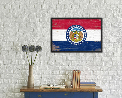 Missouri State Shabby Chic Flag Wood Framed Paper Print  Wall Art Decor Gifts