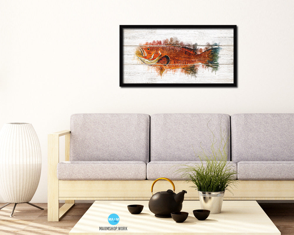 Red Grouper Fish Art Wood Framed White Wash Restaurant Sushi Wall Decor Gifts, 10" x 20"