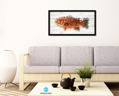 Red Grouper Fish Art Wood Framed White Wash Restaurant Sushi Wall Decor Gifts, 10" x 20"