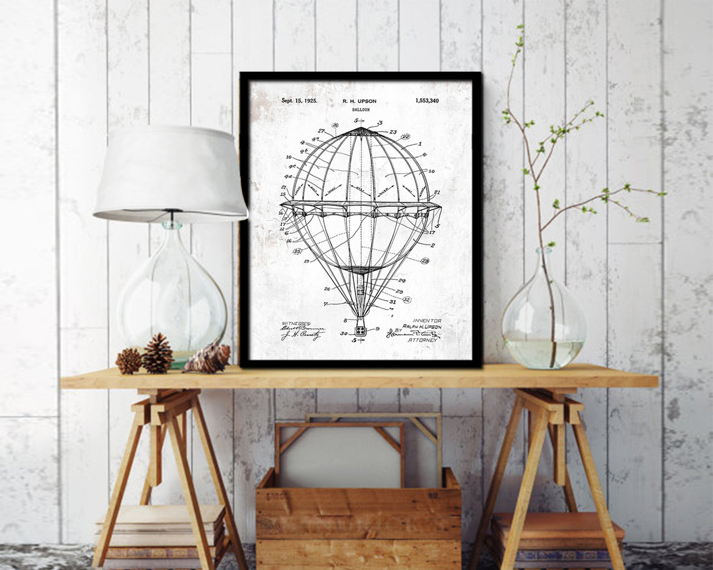 Balloon Airplane Vintage Patent Artwork Black Frame Print Wall Art Decor Gifts