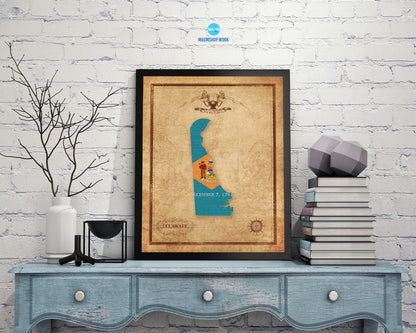 Delaware State Vintage Map Wood Framed Paper Print  Wall Art Decor Gifts