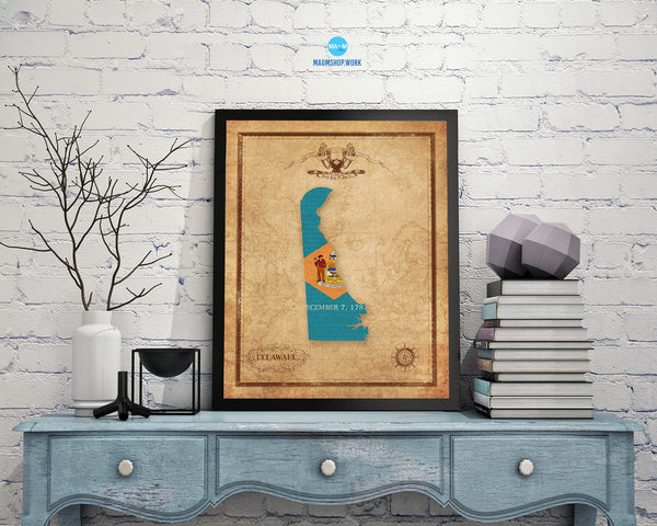 Delaware State Vintage Map Wood Framed Paper Print  Wall Art Decor Gifts