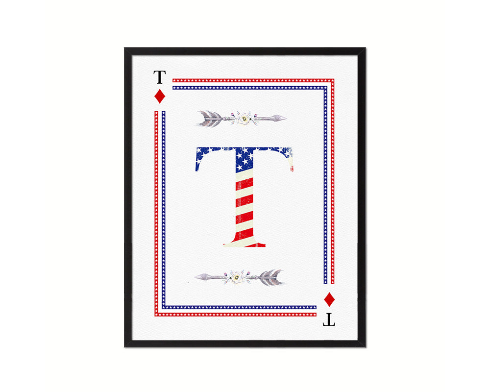 Letter T Custom Monogram Decks Diamond American Flag Framed Print Wall Art Decor Gifts