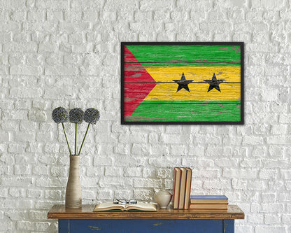 Sao Tome & Principe Country Wood Rustic National Flag Wood Framed Print Wall Art Decor Gifts