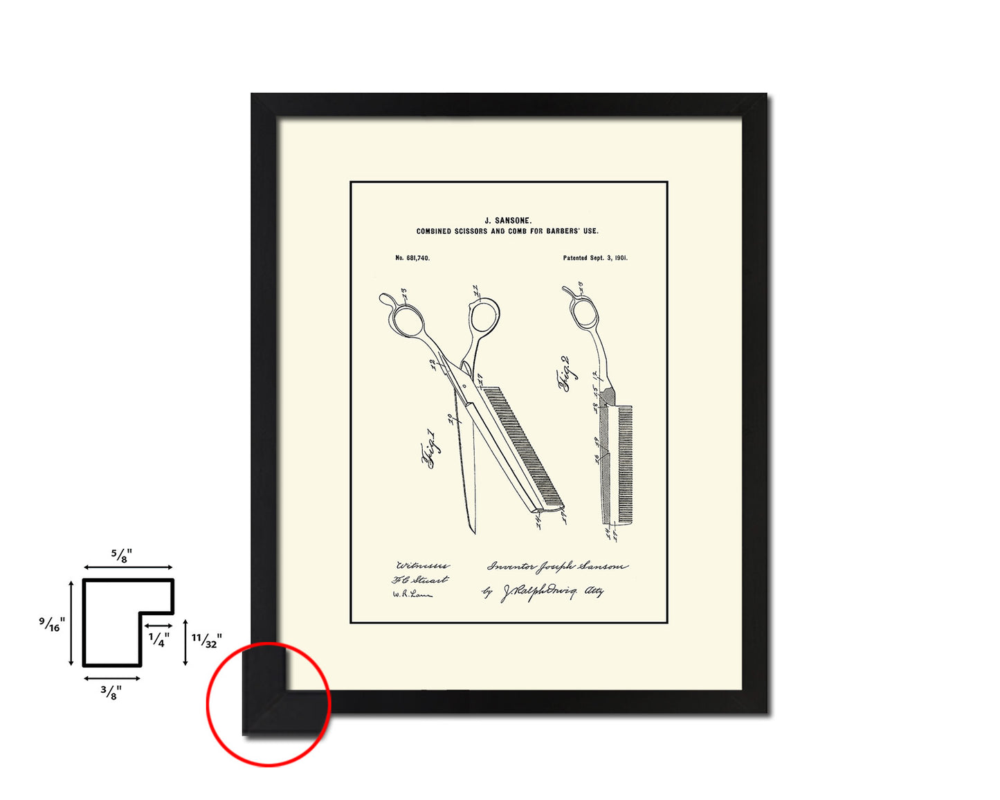 Combined Scissors and Comb Barbershop Vintage Patent Artwork Black Frame Print Gifts