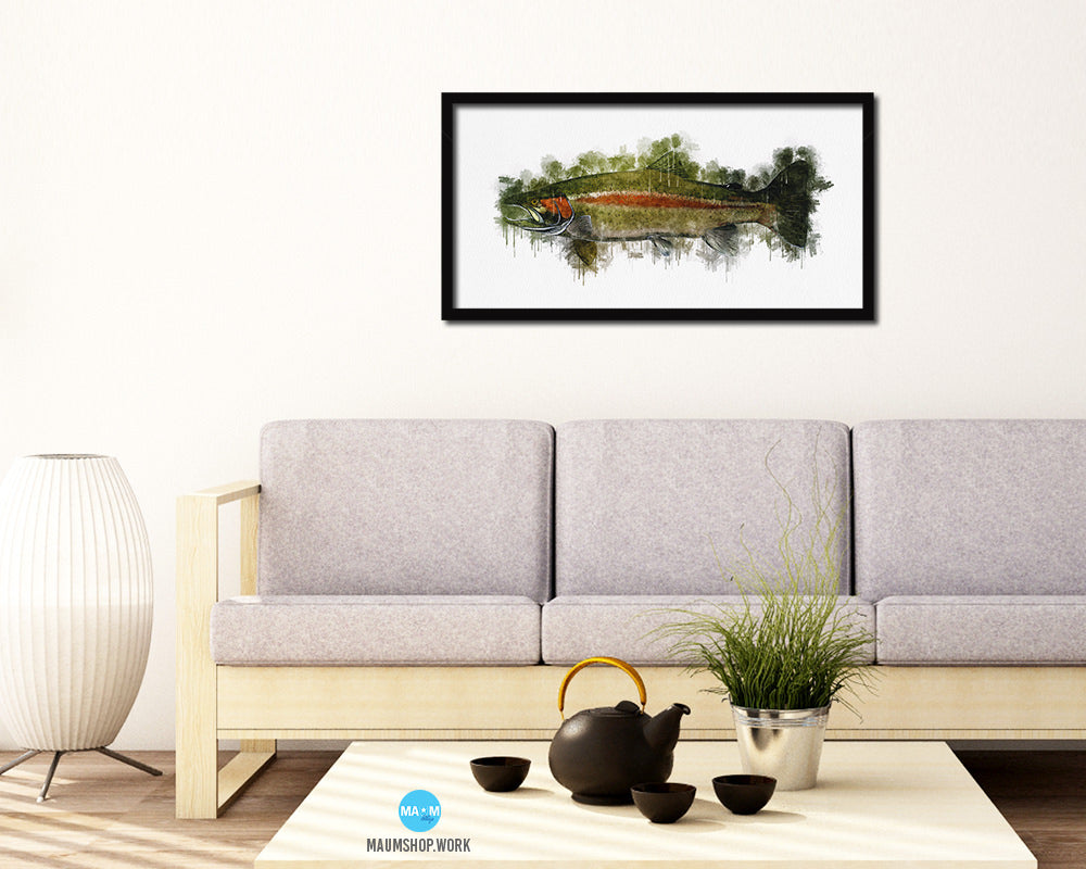 Salmon Fish Art Wood Frame Modern Restaurant Sushi Wall Decor Gifts, 10" x 20"