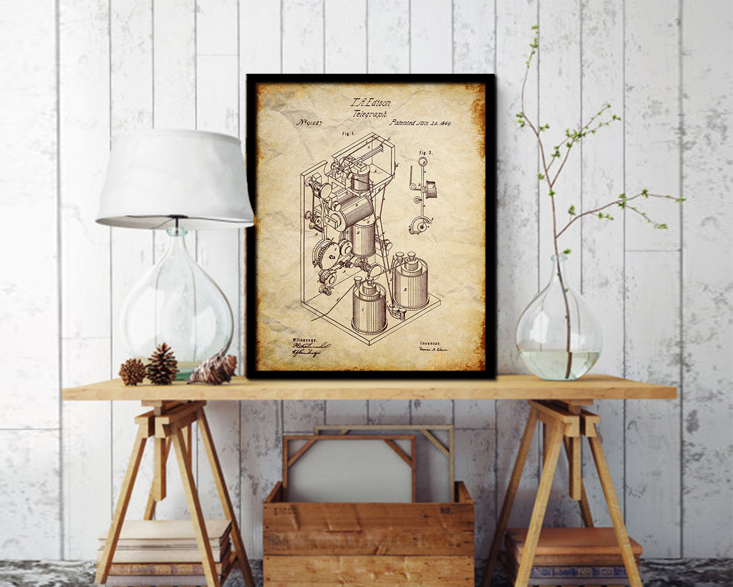 Telegraph Edison Vintage Patent Artwork Walnut Frame Print Wall Art Decor Gifts