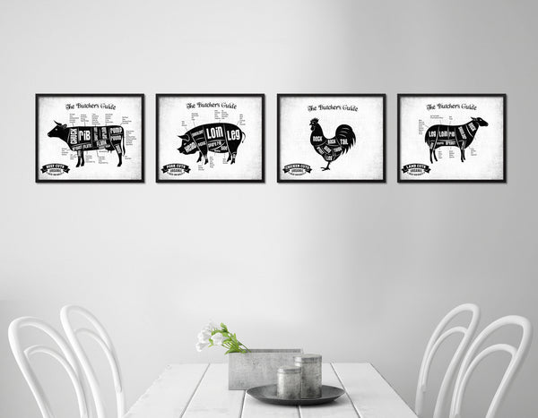 Beef  Meat Cow Cuts Butchers Chart Wood Framed Paper Print Home Decor Wall Art Gifts