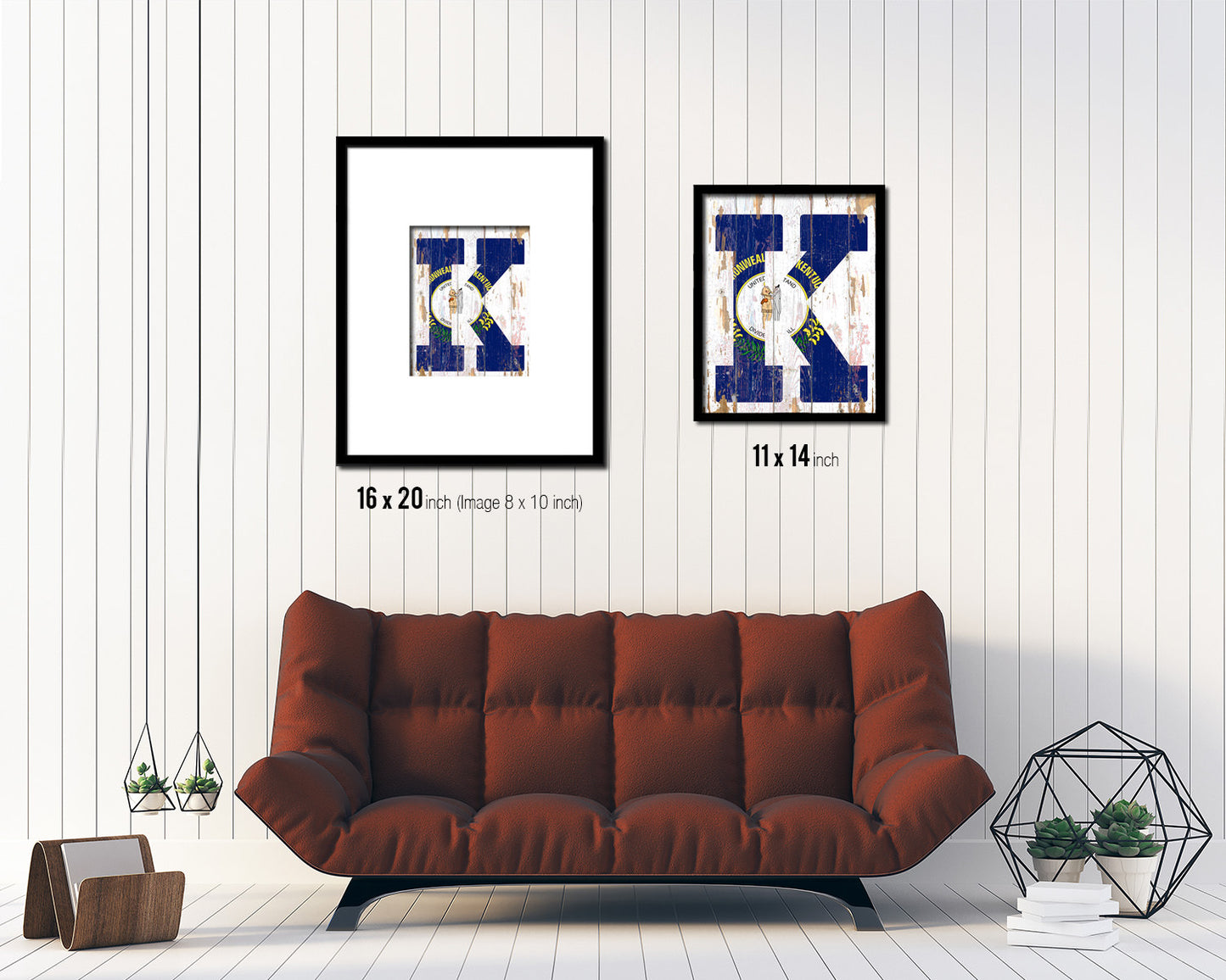 Kentucky State Initial Flag Wood Framed Paper Print Decor Wall Art Gifts, Beach