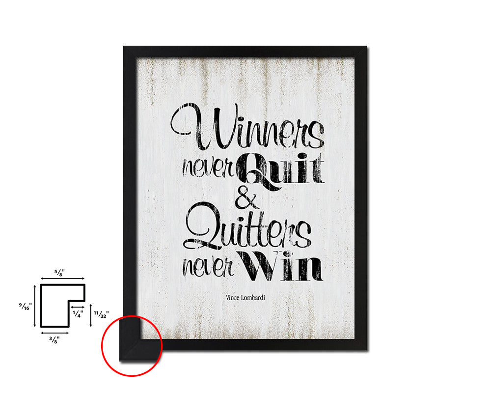 Winners never quit, Vince Lombardi Quote Wood Framed Print Wall Decor Art