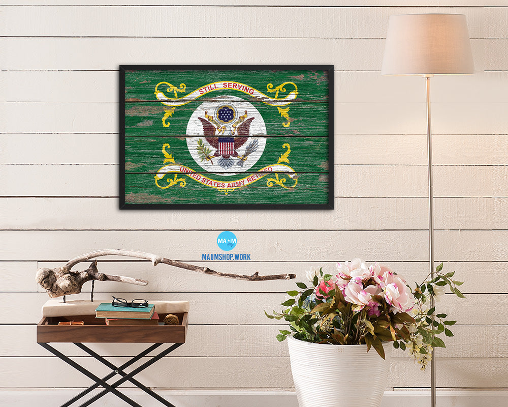 US Army Retired Wood Rustic Flag Wood Framed Print Wall Art Decor Gifts