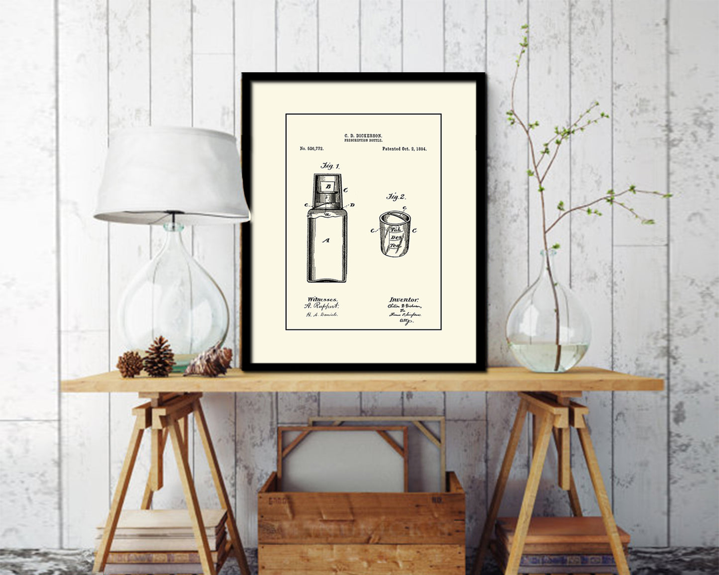 Prescription Bottle Pharmacist Vintage Patent Artwork Black Frame Print Gifts