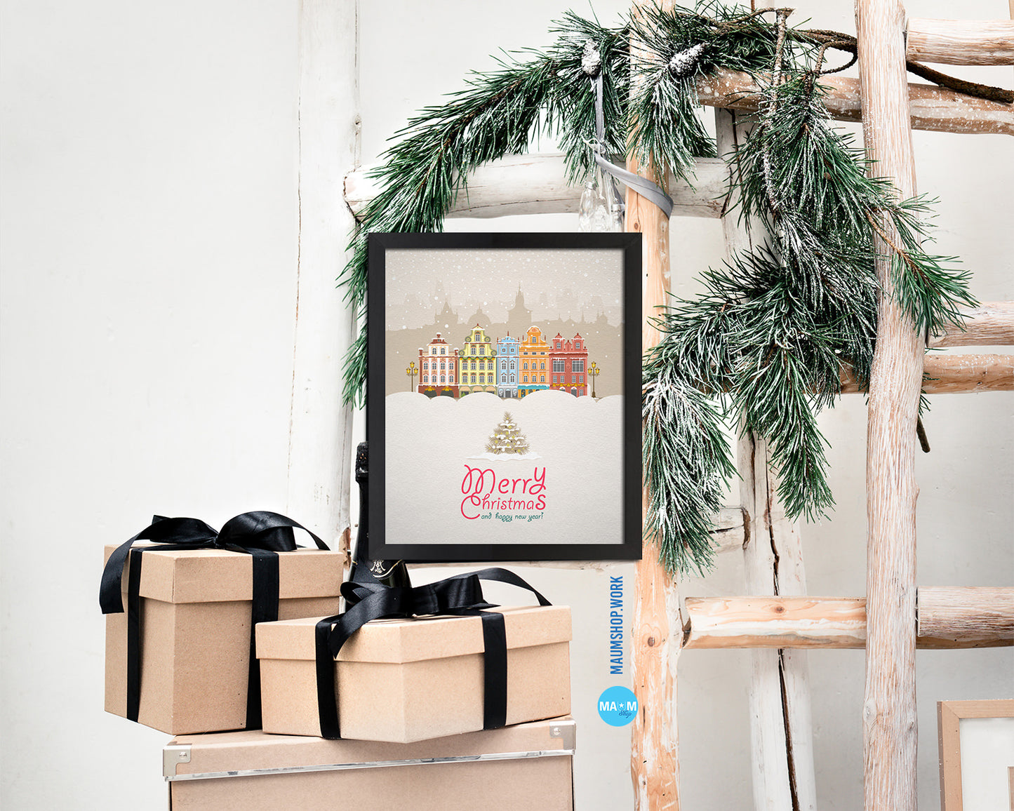Merry Christmas and Happy New Year Holiday Season Gifts Wood Framed Print Home Decor Wall Art