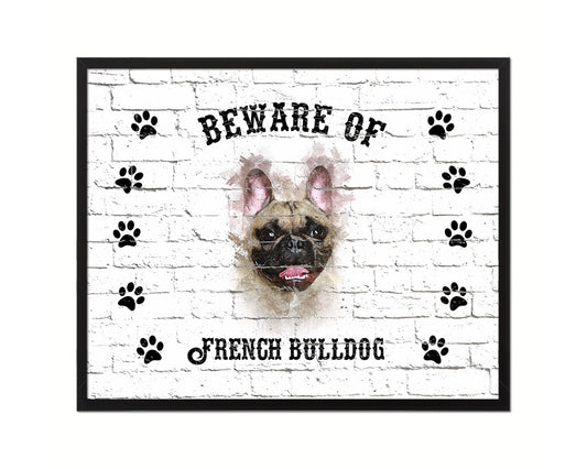 Beware of French Bulldog Sign Wood Framed Print Wall Art Decor Gifts