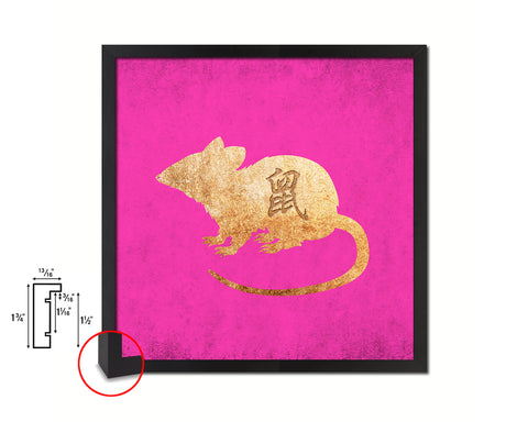 Rat Chinese Zodiac Character Wood Framed Print Wall Art Decor Gifts, Pink