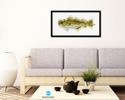 Cod Fish Art Wood Frame Modern Restaurant Sushi Wall Decor Gifts, 10" x 20"
