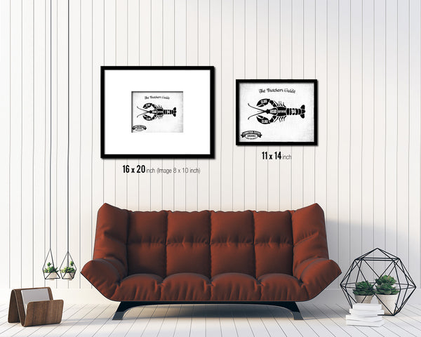 Lobster  Meat Cuts Butchers Chart Wood Framed Paper Print Home Decor Wall Art Gifts