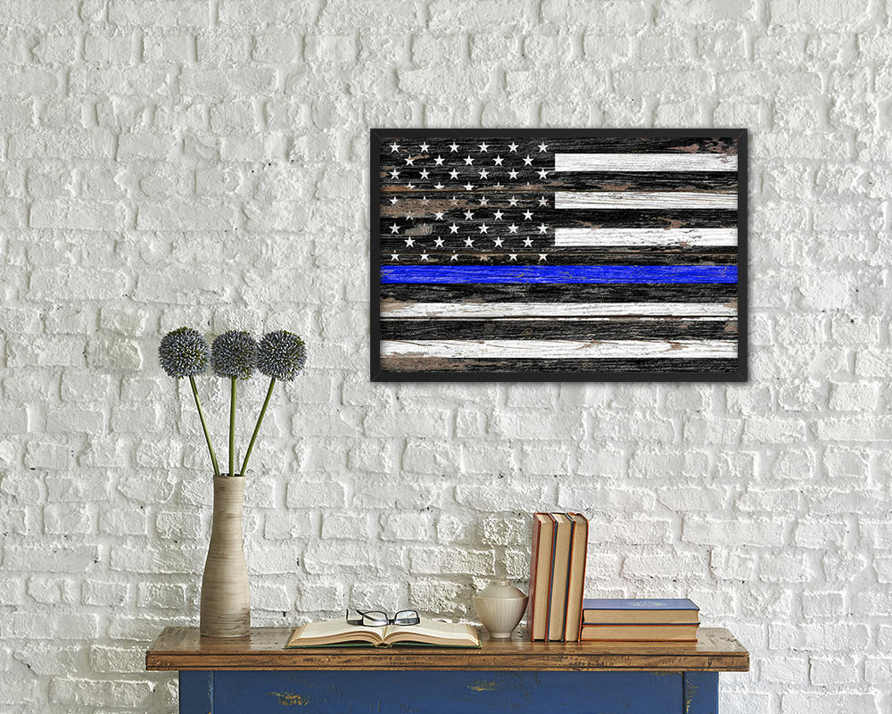 Thin Blue Line Honoring Law Enforcement American Wood Rustic Flag Framed Print Art