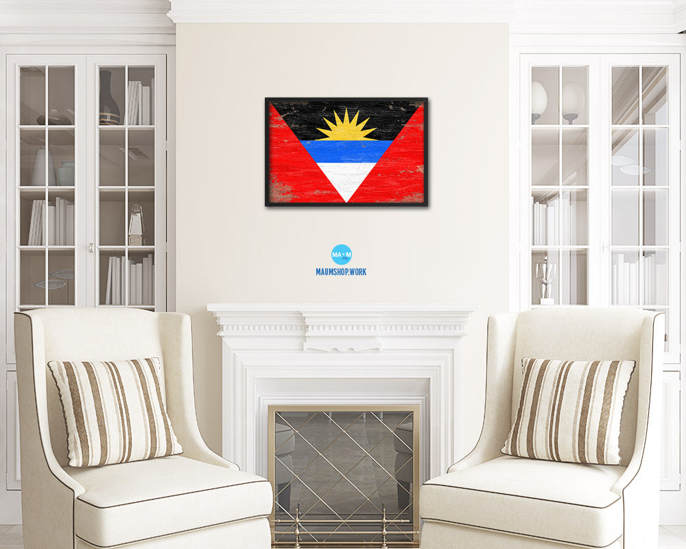 Antigua Barbuda Shabby Chic Country Flag Wood Framed Print Wall Art Decor Gifts