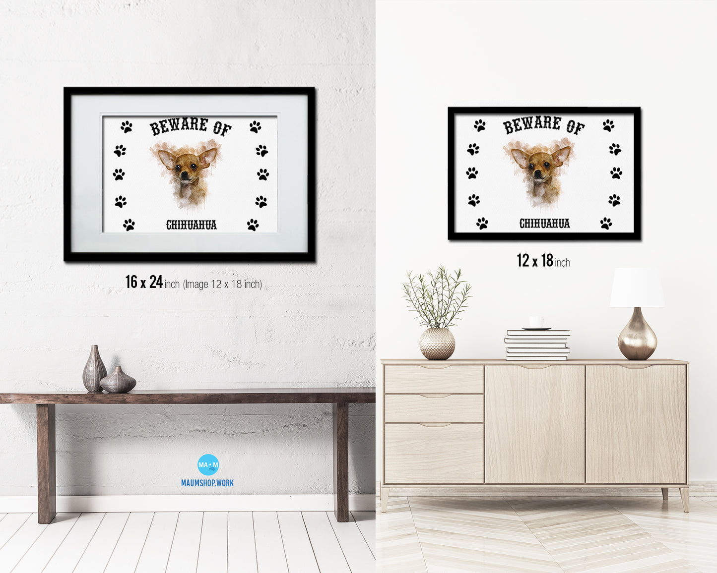 Beware of Chihuahua Sign Wood Framed Print Wall Art Decor Gifts