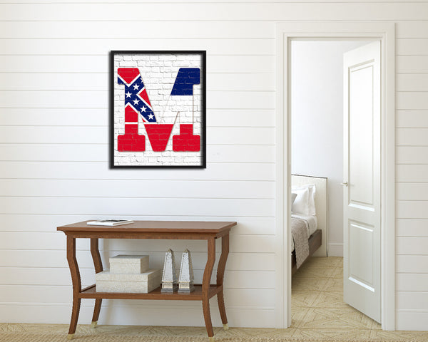 Mississippi State Initial Flag Wood Framed Paper Print Decor Wall Art Gifts, Brick