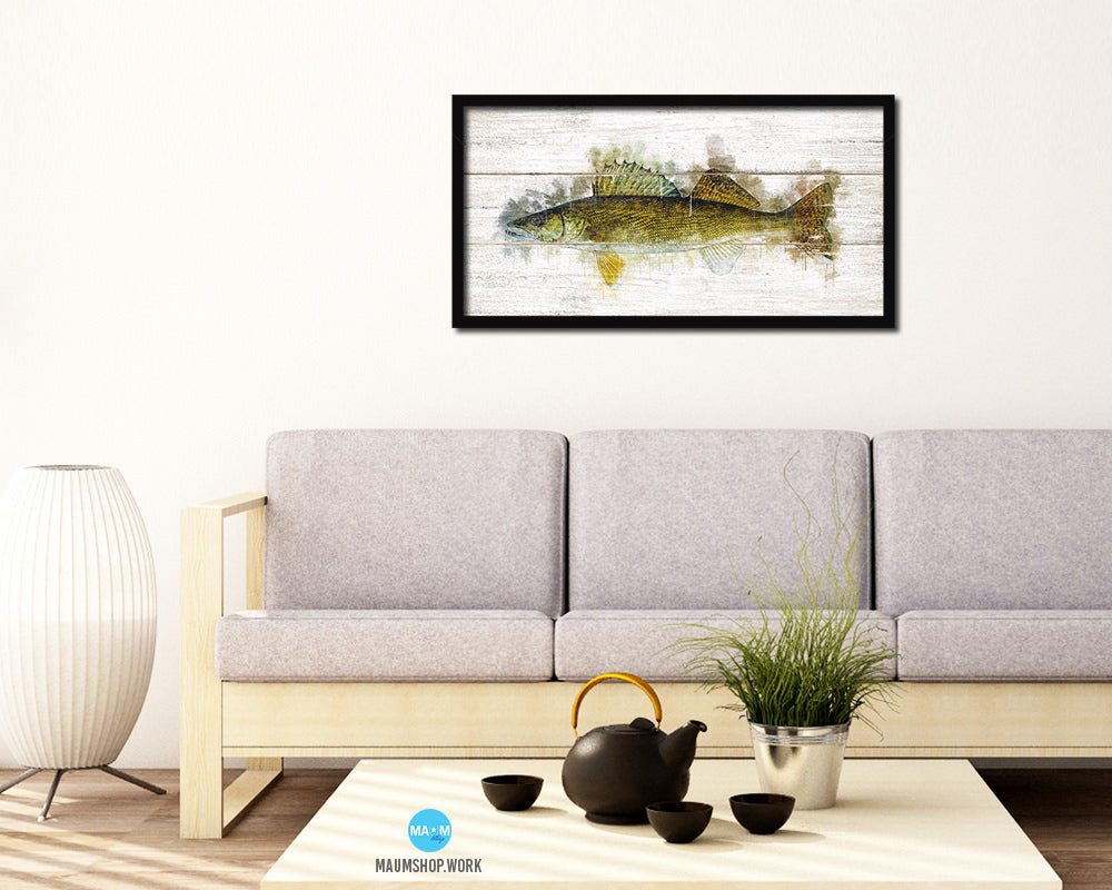 Walleye Fish Art Wood Framed White Wash Restaurant Sushi Wall Decor Gifts, 10" x 20"