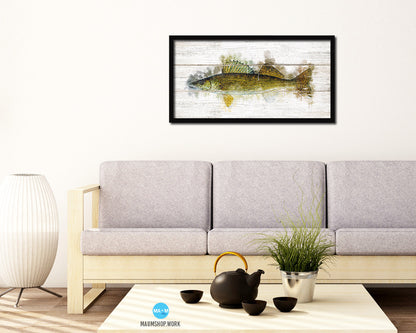 Walleye Fish Art Wood Framed White Wash Restaurant Sushi Wall Decor Gifts, 10" x 20"