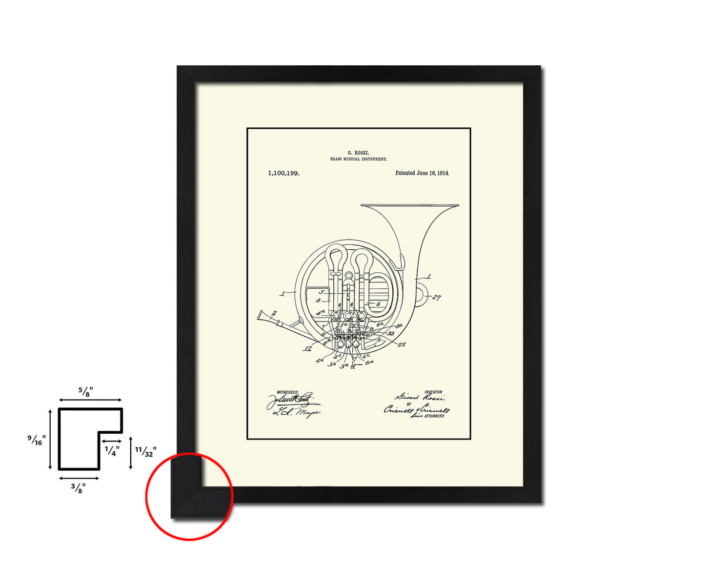 Horn Brass Musical Instrument Music Vintage Patent Artwork Black Frame Print Gifts