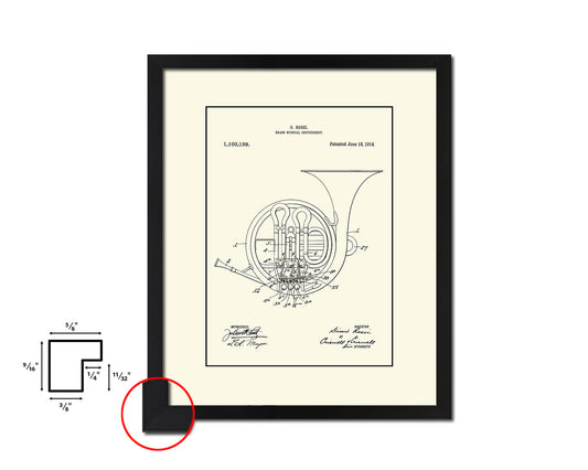 Horn Brass Musical Instrument Music Vintage Patent Artwork Black Frame Print Gifts