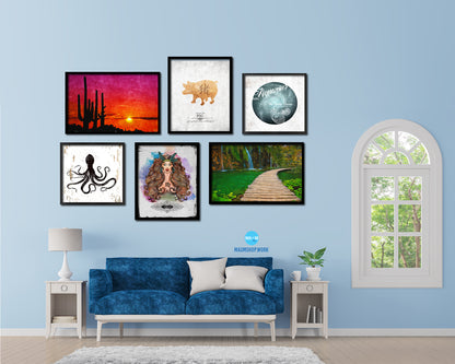 Octopus Nautical Wood Framed Gifts Ocean Beach Fishing Home Decor Wall Art Prints