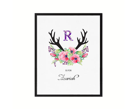 Initial Letter R Watercolor Floral Boho Monogram Art Framed Print Baby Girl Room Wall Decor Gifts