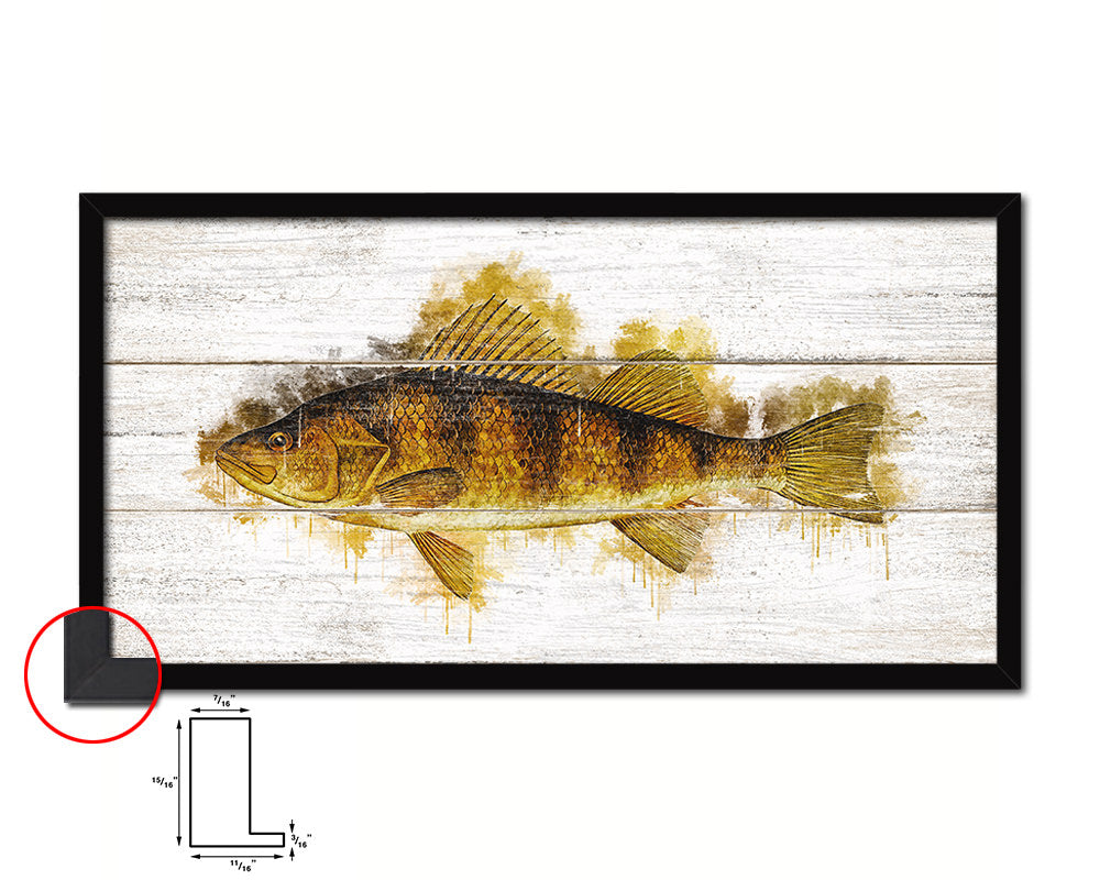 Yellow Perch Fish Art Wood Framed White Wash Restaurant Sushi Wall Decor Gifts, 10" x 20"