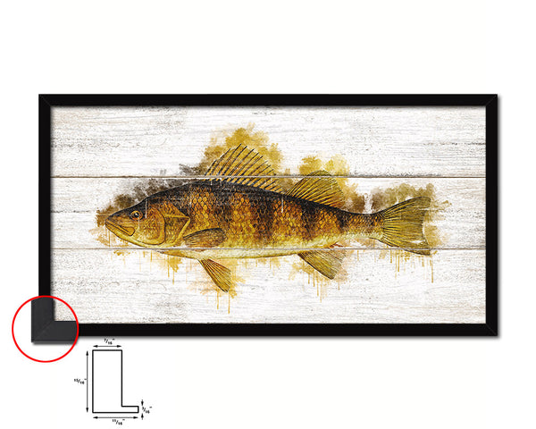 Yellow Perch Fish Art Wood Framed White Wash Restaurant Sushi Wall Decor Gifts, 10" x 20"