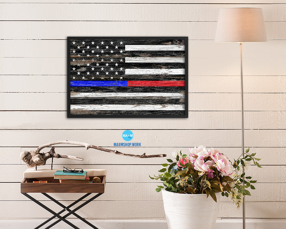 Thin Blue Line Police & Thin Red Line Firefighter Respect & Honor Law Enforcement Wood Rustic Flag Art