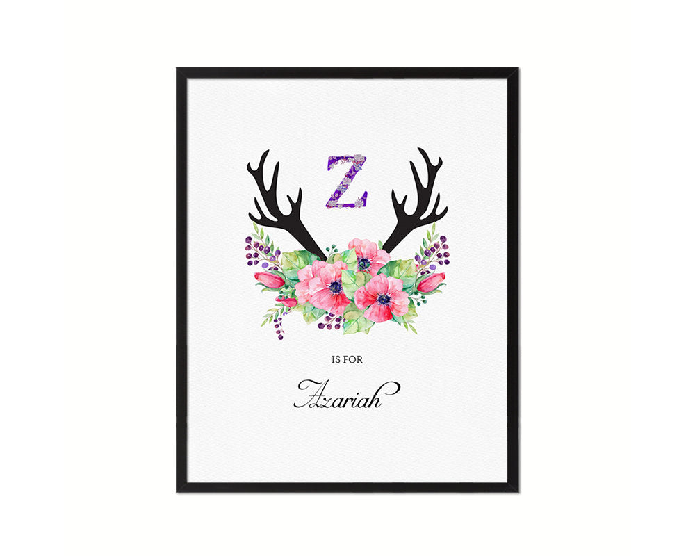 Initial Letter Z Watercolor Floral Boho Monogram Art Framed Print Baby Girl Room Wall Decor Gifts