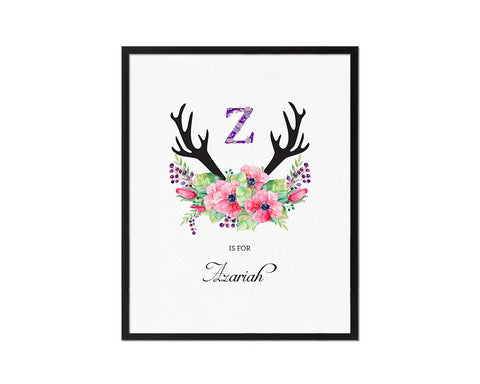Initial Letter Z Watercolor Floral Boho Monogram Art Framed Print Baby Girl Room Wall Decor Gifts