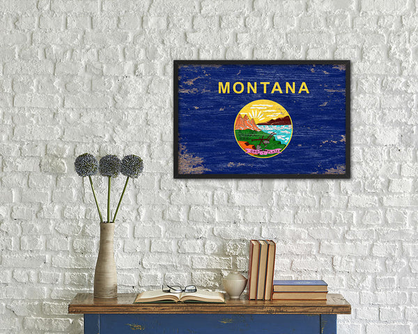 Montana State Shabby Chic Flag Wood Framed Paper Print  Wall Art Decor Gifts