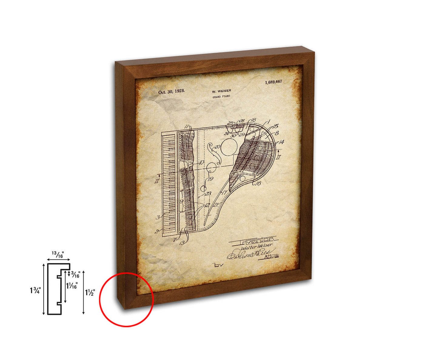 Grand Piano Music Vintage Patent Artwork Walnut Frame Gifts
