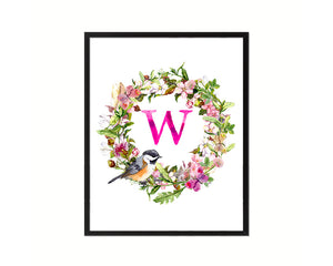 Letter W Floral Wreath Monogram Framed Print Wall Art Decor Gifts