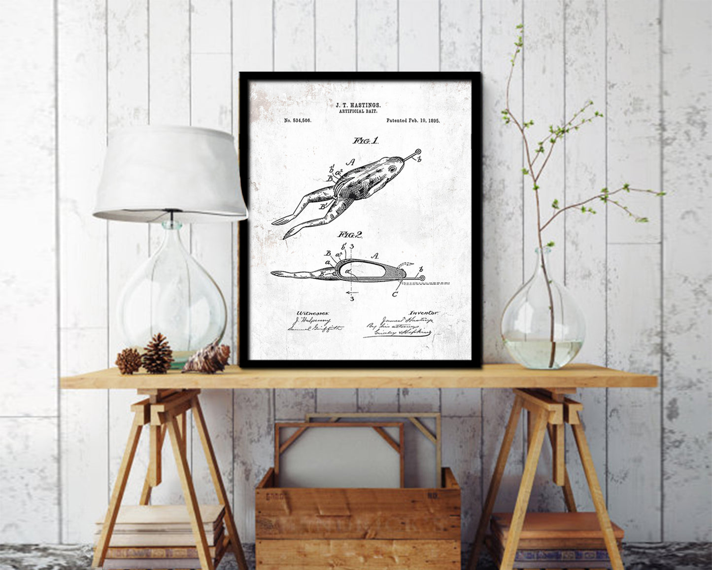 Artificial Bait Fishing Vintage Patent Artwork Black Frame Print Wall Art Decor Gifts