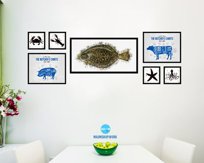 Flounder Fish Art Wood Frame Modern Restaurant Sushi Wall Decor Gifts, 10" x 20"