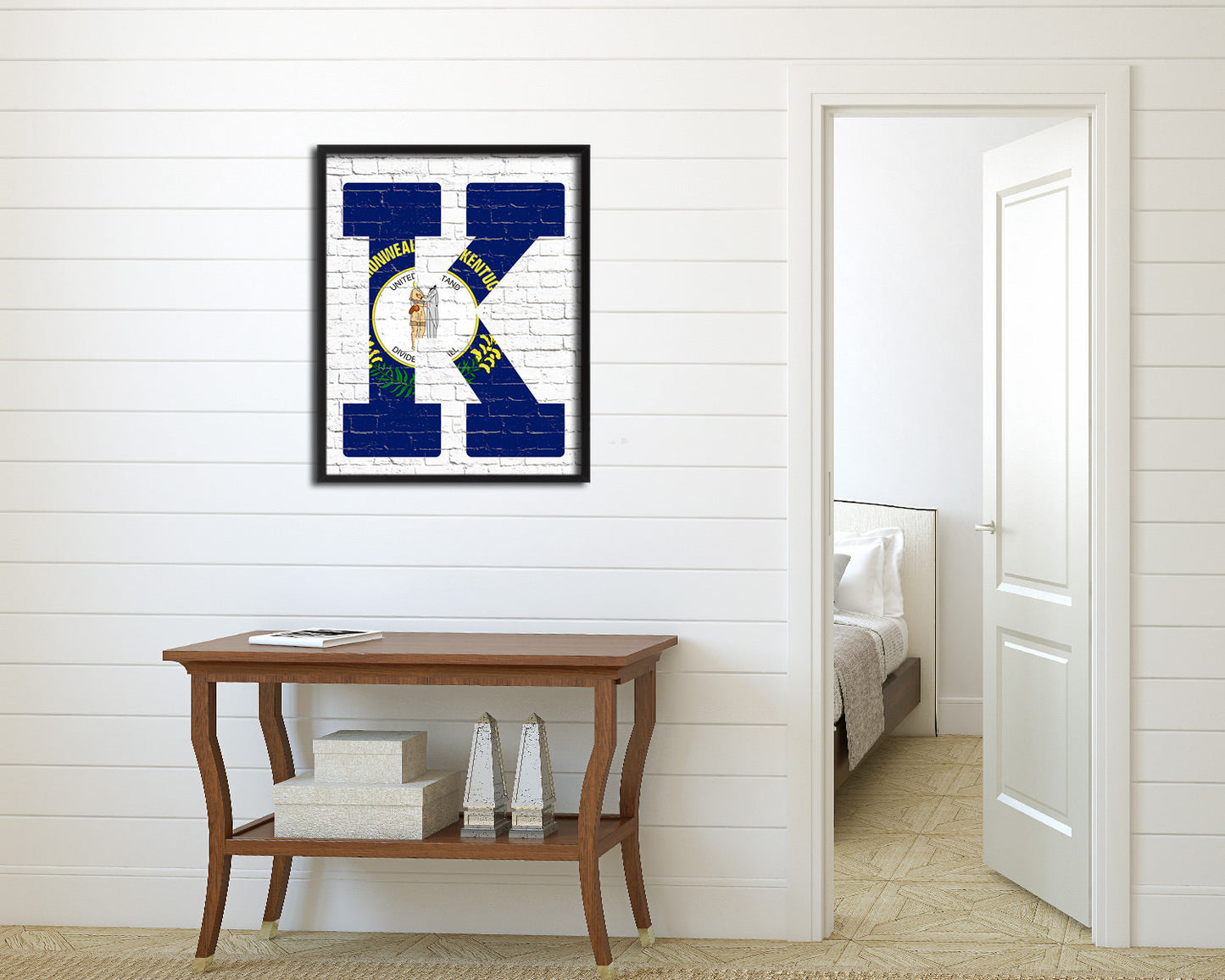 Kentucky State Initial Flag Wood Framed Paper Print Decor Wall Art Gifts, Brick