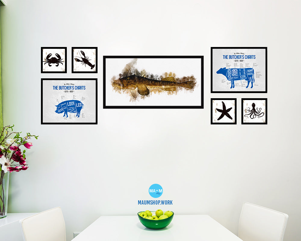 Monkfish Fish Art Wood Frame Modern Restaurant Sushi Wall Decor Gifts, 10" x 20"